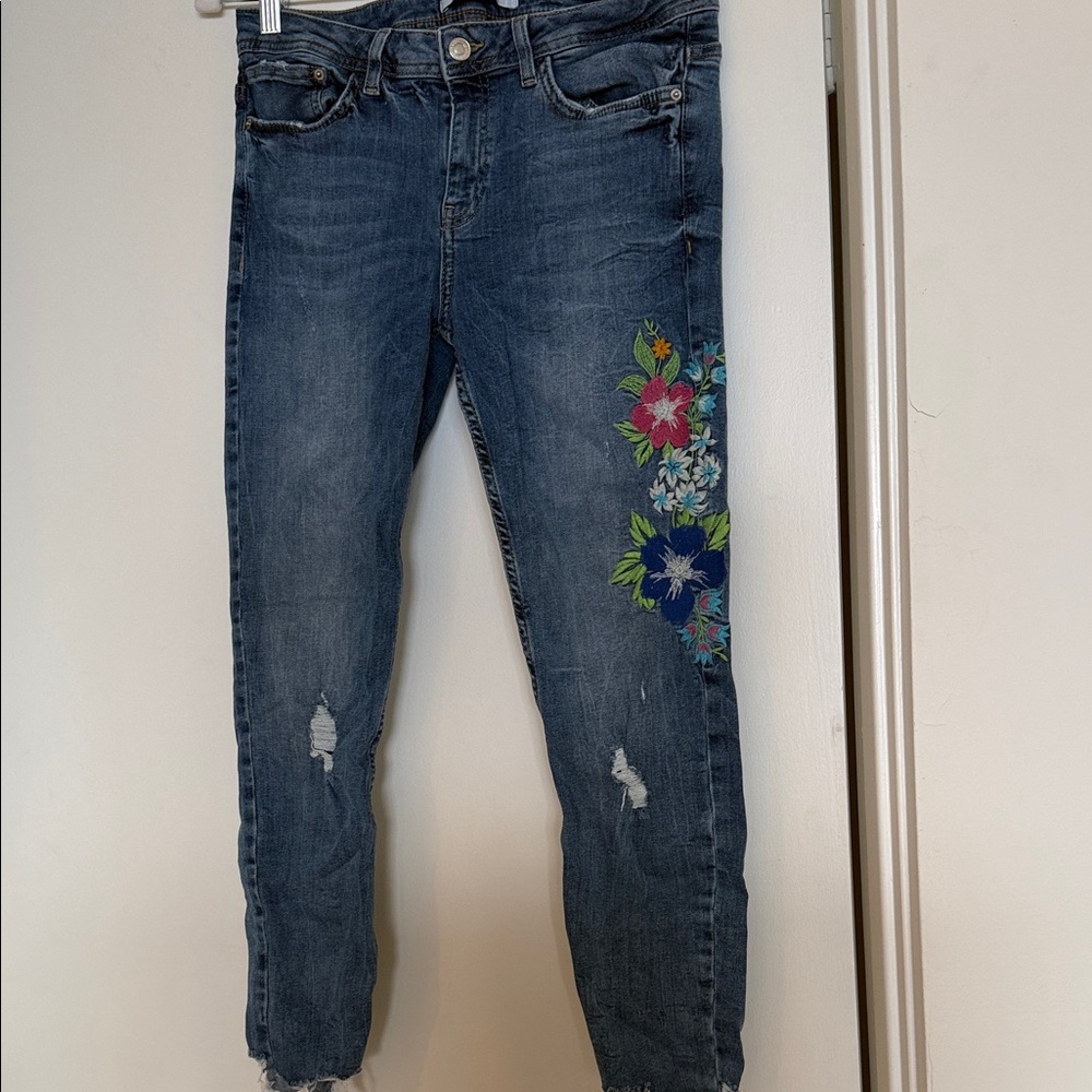 Zara Women's Blue Embroidered Skinny Jeans